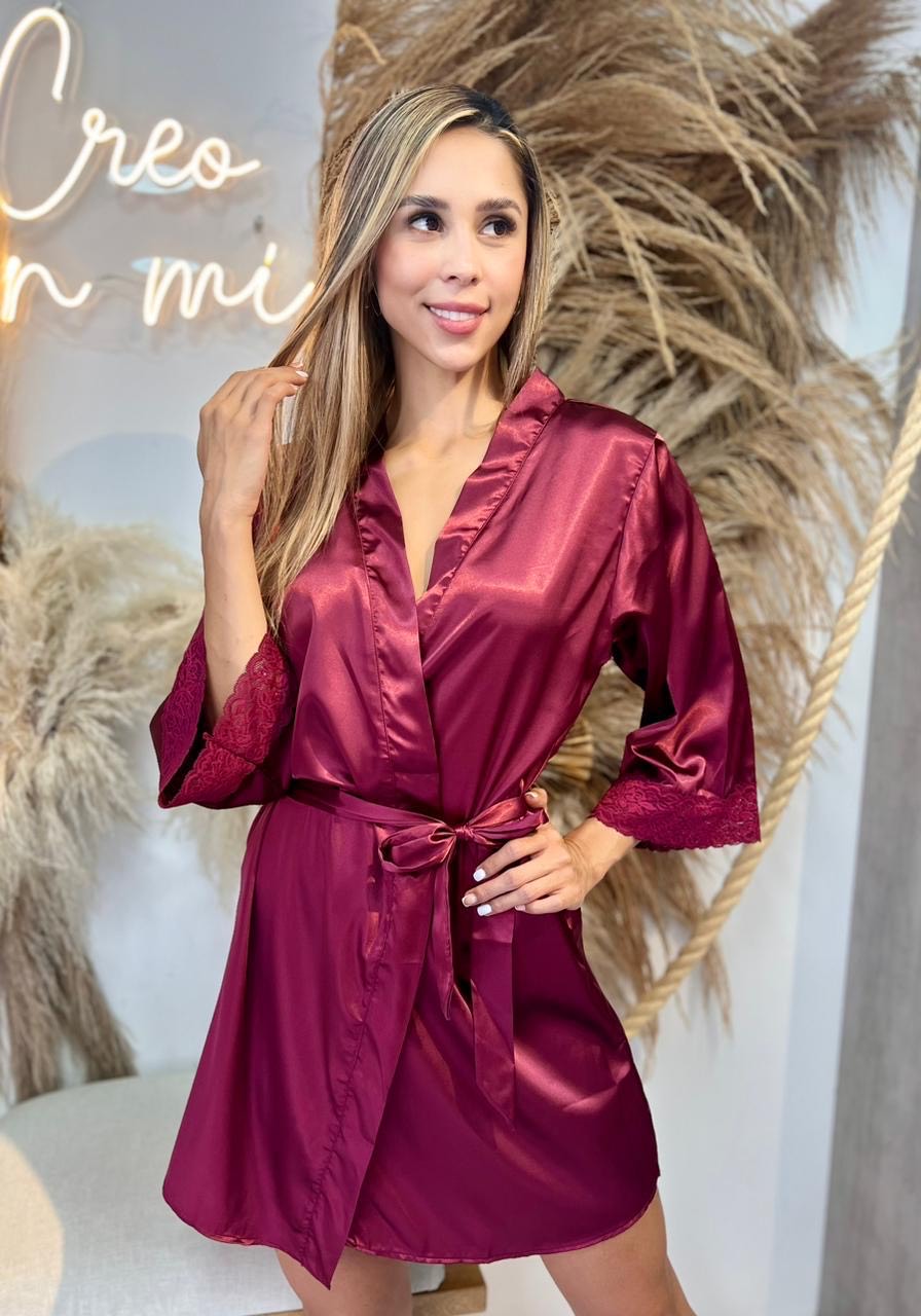 Bata Kimono Satín burdeo
